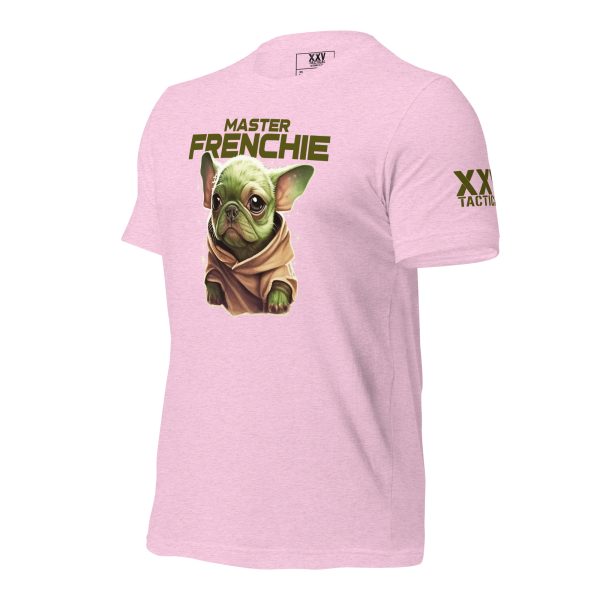 A Women's Master Frenchie baby yoda t-shirt in pink with the word "frankie" on it.