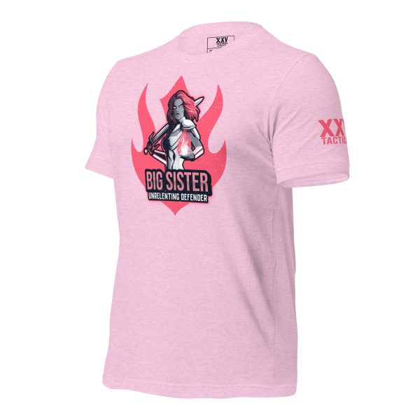 A Big Sister - Unrelenting Defender Tee with an image of a girl engulfed in flames.