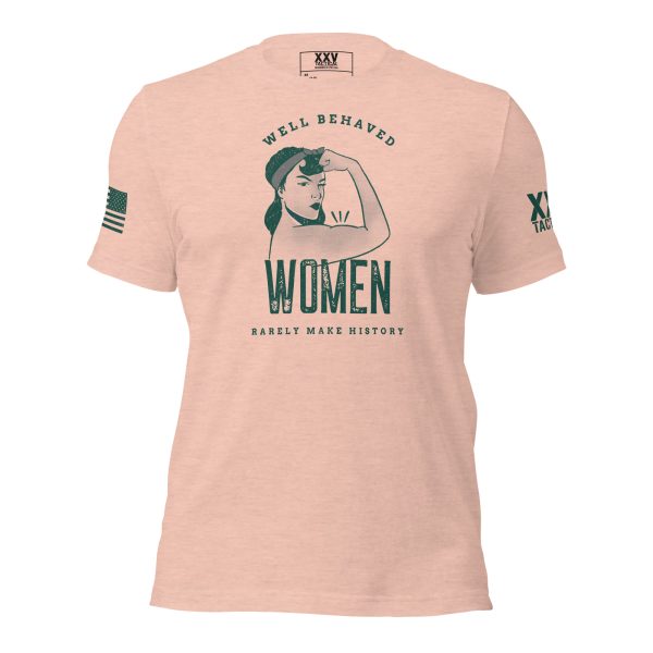 This Well Behaved Women Rarely Make History Tee celebrates history with an image of a woman and an American flag.