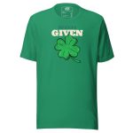 A green shamrock Men's No Lucks Given t-shirt with the phrase "No Lucks Given" printed on it.