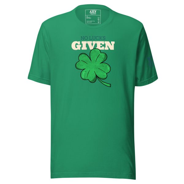 A green shamrock Men's No Lucks Given t-shirt with the phrase "No Lucks Given" printed on it.