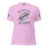 A pink Women's Get Salty T-Shirt featuring the phrase "Blue Water Sport" with a splash of salty vibes for added safety.