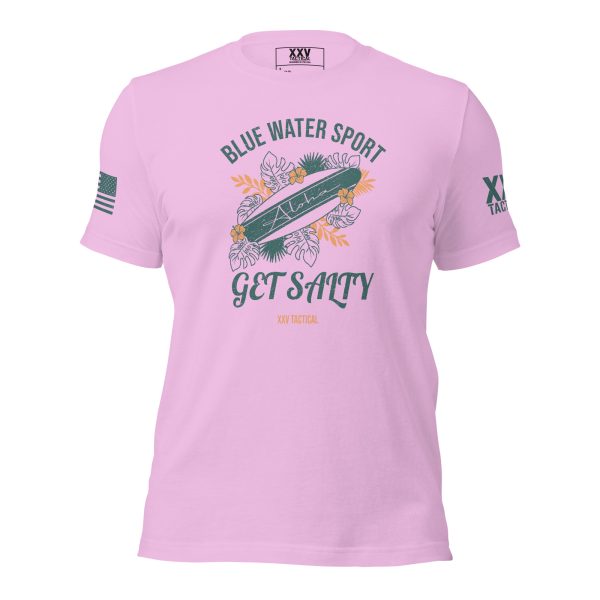A pink Women's Get Salty T-Shirt featuring the phrase "Blue Water Sport" with a splash of salty vibes for added safety.