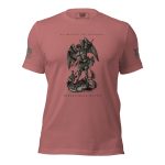 A pink Women's St. Michael Defend us in Battle Tee with an image of a dragon on it, perfect for women.