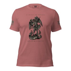 A pink Women's St. Michael Defend us in Battle Tee with an image of a dragon on it, perfect for women.