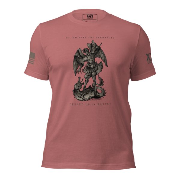 A pink Women's St. Michael Defend us in Battle Tee with an image of a dragon on it, perfect for women.