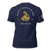 A Men's Don't Tread On Me Tee with a snake on the back, colored in blue.