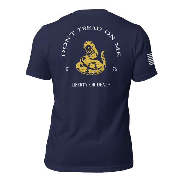 A Men's Don't Tread On Me Tee with a snake on the back, colored in blue.