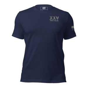 Description: A navy t-shirt with the word "wx" on it, featuring a XXV Tactical Thin Blue Line design.
