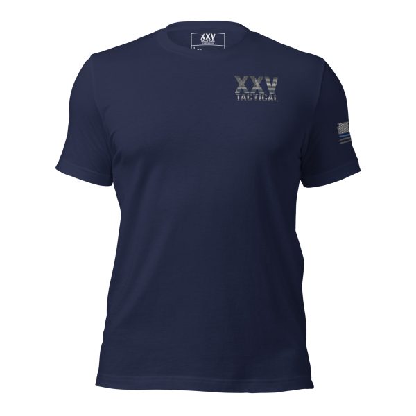 Description: A navy t-shirt with the word "wx" on it, featuring a XXV Tactical Thin Blue Line design.