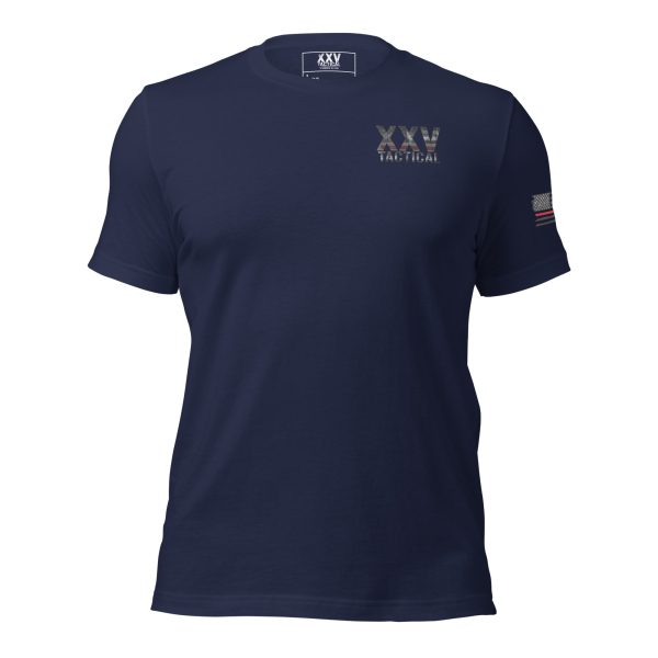 A XXV Tactical Thin Red Line navy t-shirt with the words united states of america on it.
