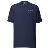A XXV Tactical Thin Blue Line navy t-shirt with a gold logo on it.