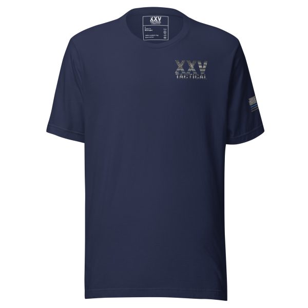 A XXV Tactical Thin Blue Line navy t-shirt with a gold logo on it.