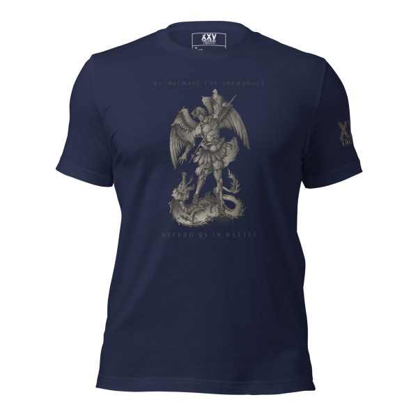 A Men's St. Michael Defend us in Battle Tee featuring an image of a demon, inspired by St. Michael and his role in defending us in battle.