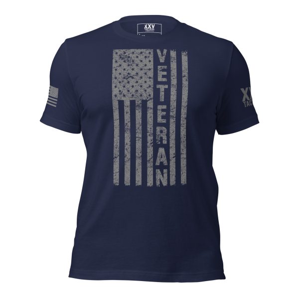 A Men's Distressed Flag Veteran T-Shirt with the word "veteran" prominently featured.