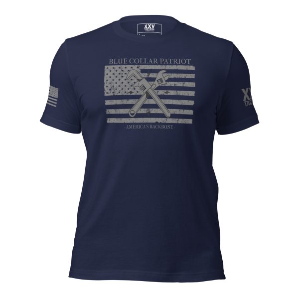 A men's Blue Collar Patriot Tee with an American flag on it.