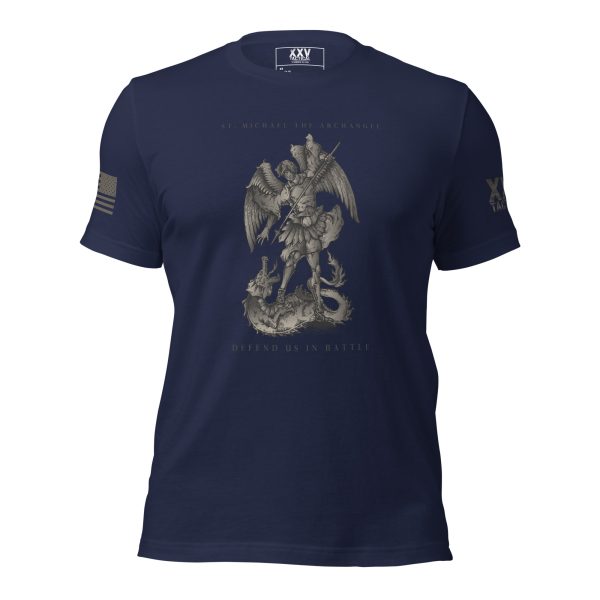 A Women's St. Michael Defend us in Battle Tee featuring an image of a demon, evoking the spirit of battle and St. Michael.