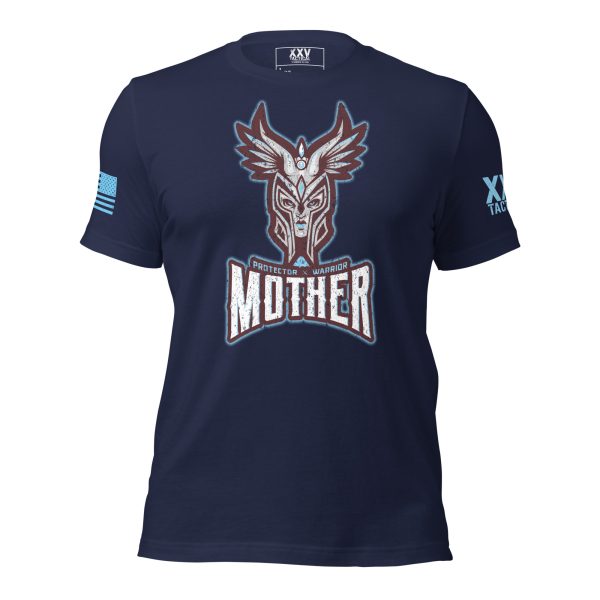 A navy t-shirt with the word Protector Warrior Mother, a fierce and protective warrior, boldly printed on it.