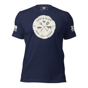 A men's Low & Slow Grilling Tee with a cross and an arrow on it.
