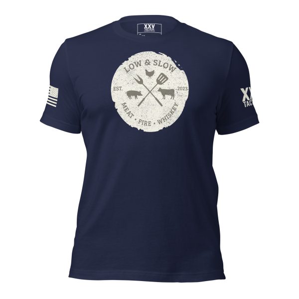 A men's Low & Slow Grilling Tee with a cross and an arrow on it.