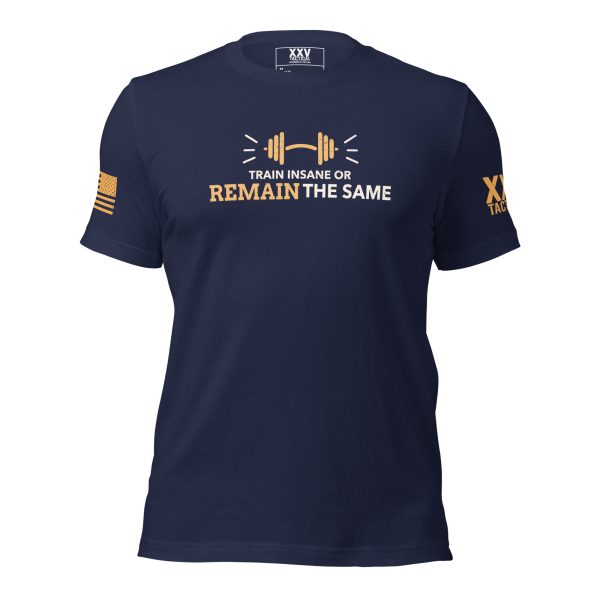 A Men's Train Insane or Remain The Same Tee with the words "remain the same" printed on it.