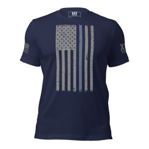 A Men’s Thin Blue Line Flag Tee with a Thin Blue Line.