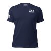 A navy Men's Don't Tread On Me Tee with the word vxx on it.