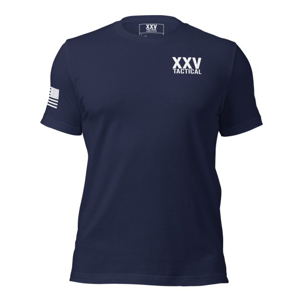 A navy Men's Don't Tread On Me Tee with the word vxx on it.