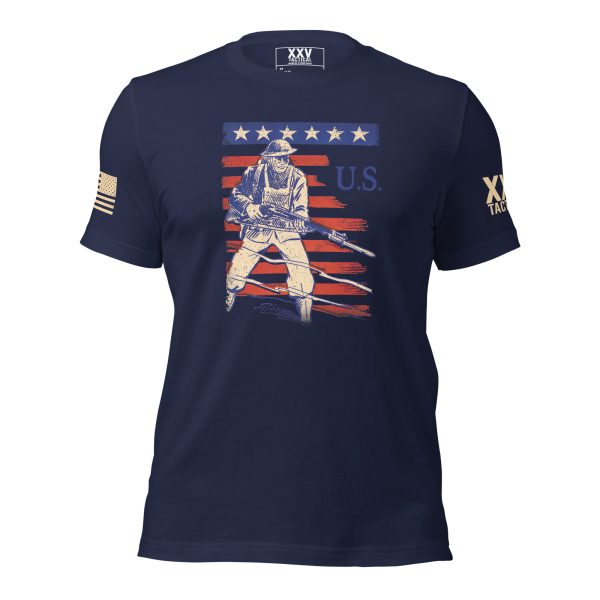 A Men's 'At The Ready' Vintage WWII Tee featuring the image of a soldier holding a rifle.