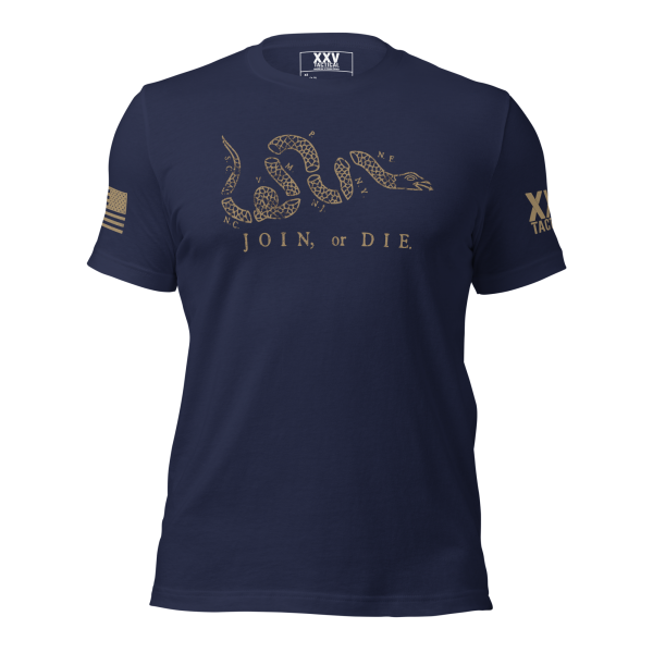 A men's navy Men's Join or Die Colonial America T-Shirt featuring the iconic "Join or Die" slogan associated with Colonial America.