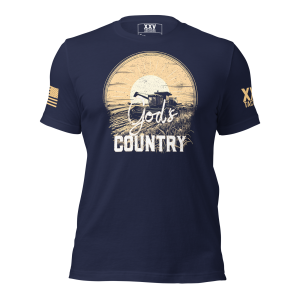 A Men's "God's Country" Tee with an image of a cowboy and a flag in God's Country.