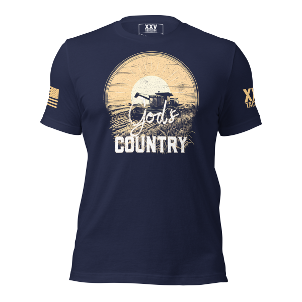 A Men's "God's Country" Tee with an image of a cowboy and a flag in God's Country.