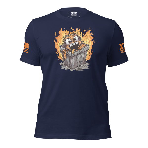 A Men's Dumpster Fire Tee with an image of a cat in a fire box.
