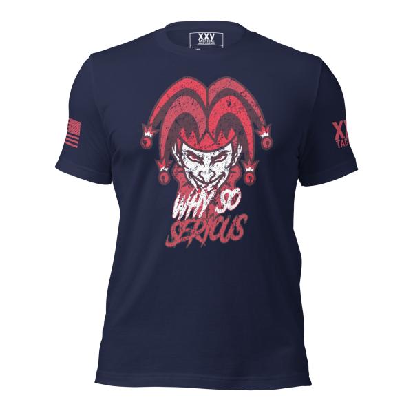 A serious Men's Why So Serious Tee featuring a navy t-shirt with an image of a clown and an american flag.