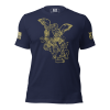 A men's navy t-shirt featuring Men's Saint Michael defeating Satan Tee, with an image of an angel riding a horse.