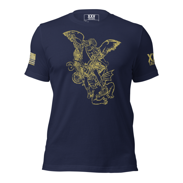 A men's navy t-shirt featuring Men's Saint Michael defeating Satan Tee, with an image of an angel riding a horse.