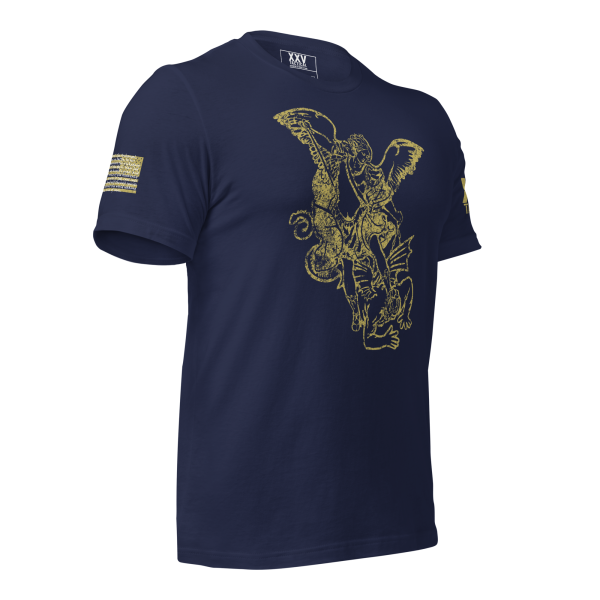 A Men's Saint Michael defeating Satan Tee navy t-shirt.