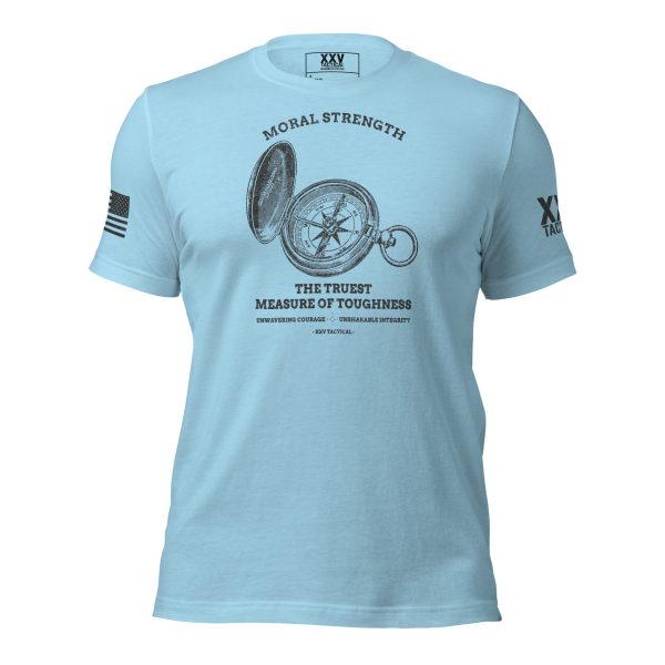 A light blue Men's Moral Strength T-Shirt with an image of a compass.
