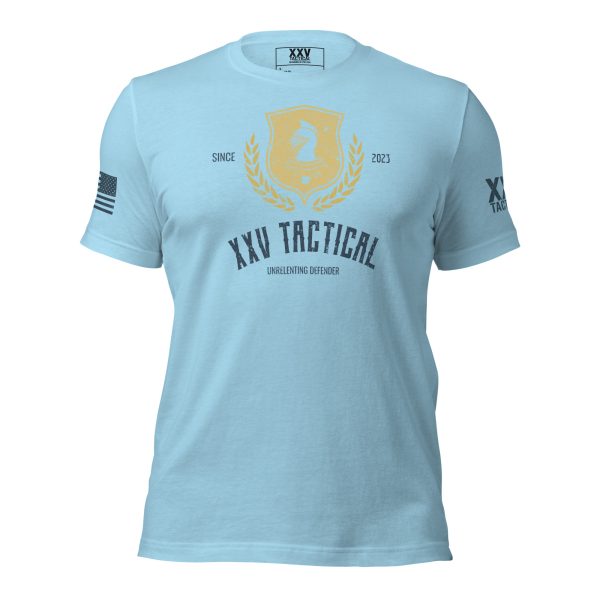 A light blue Men's Unrelenting Defender Tee with the word tactical on it.