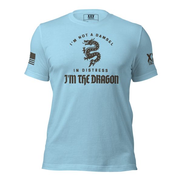 A light blue I'm not a damsel in distress, I'm the Dragon Tee that boldly declares "I'm not afraid of the dragon.