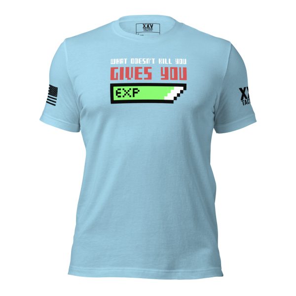 A "Men's 'What Doesn't Kill You Gives You EXP' Pixel Art T-Shirt" featuring pixel art of a game controller, colored in light blue.