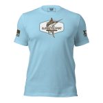 A Men's Blue Water Sport T-Shirt with a marlin logo on it.
