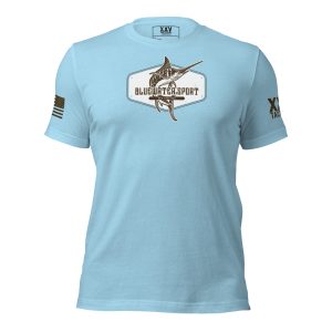 A Men's Blue Water Sport T-Shirt with a marlin logo on it.