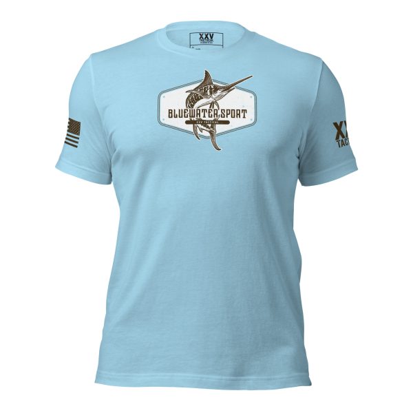 A Men's Blue Water Sport T-Shirt with a marlin logo on it.