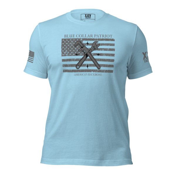 A Men's Blue Collar Patriot Tee with an American flag on it.