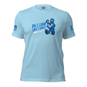 A Women's Do I Look Like I Care T-Shirt with a cartoon bear on it.