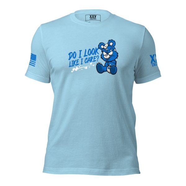 A Women's Do I Look Like I Care T-Shirt with a cartoon bear on it.