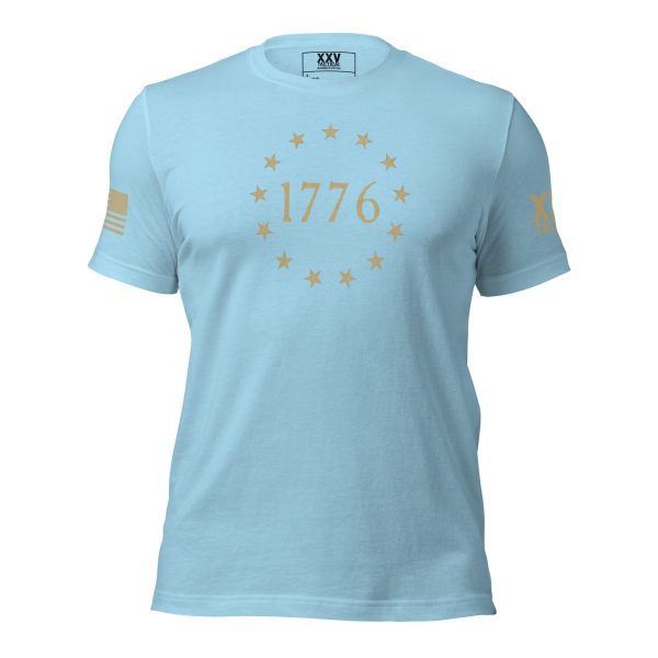 A men's light blue t-shirt with gold stars and a Men's 1776 Betsy Ross Flag T-Shirt.