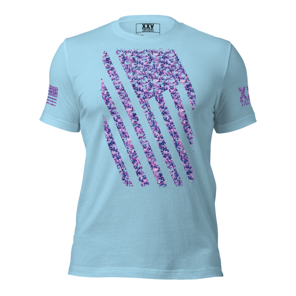 A women's Distressed Digital Flag Tee with a digital design in pink and purple.