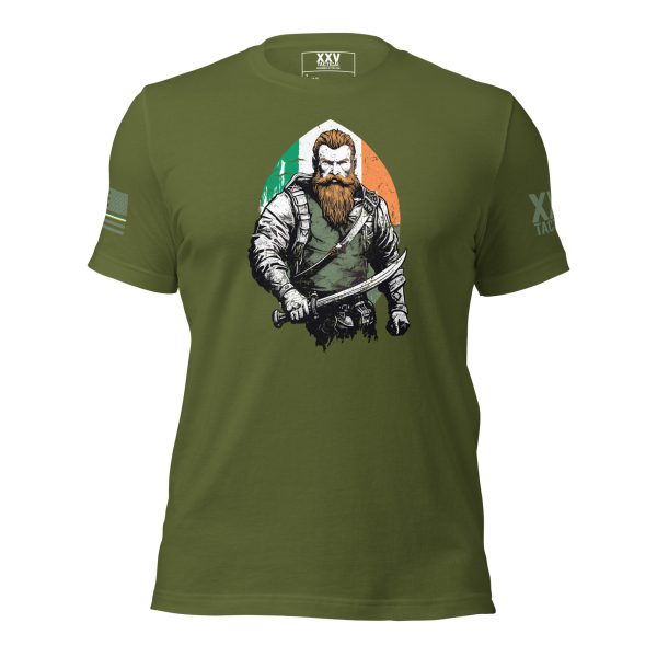 A Men's Irish American Pride T-Shirt with a bearded man holding a sword, perfect for Irish Americans.